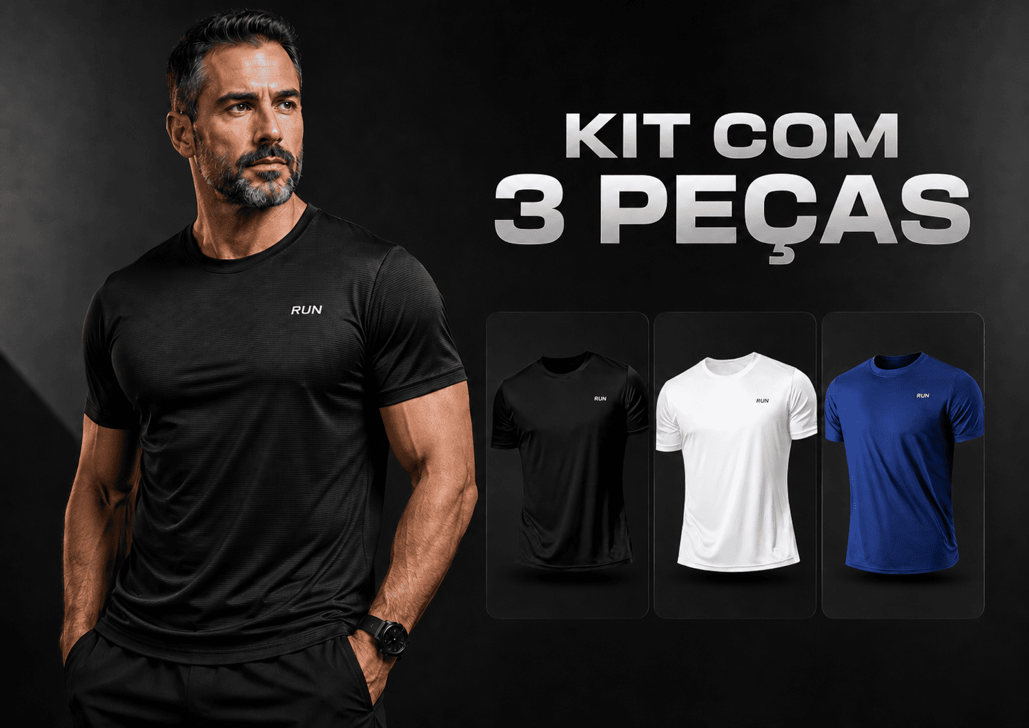 Kit com 3 Camisetas Masculinas Dry-Fit Anti Odor