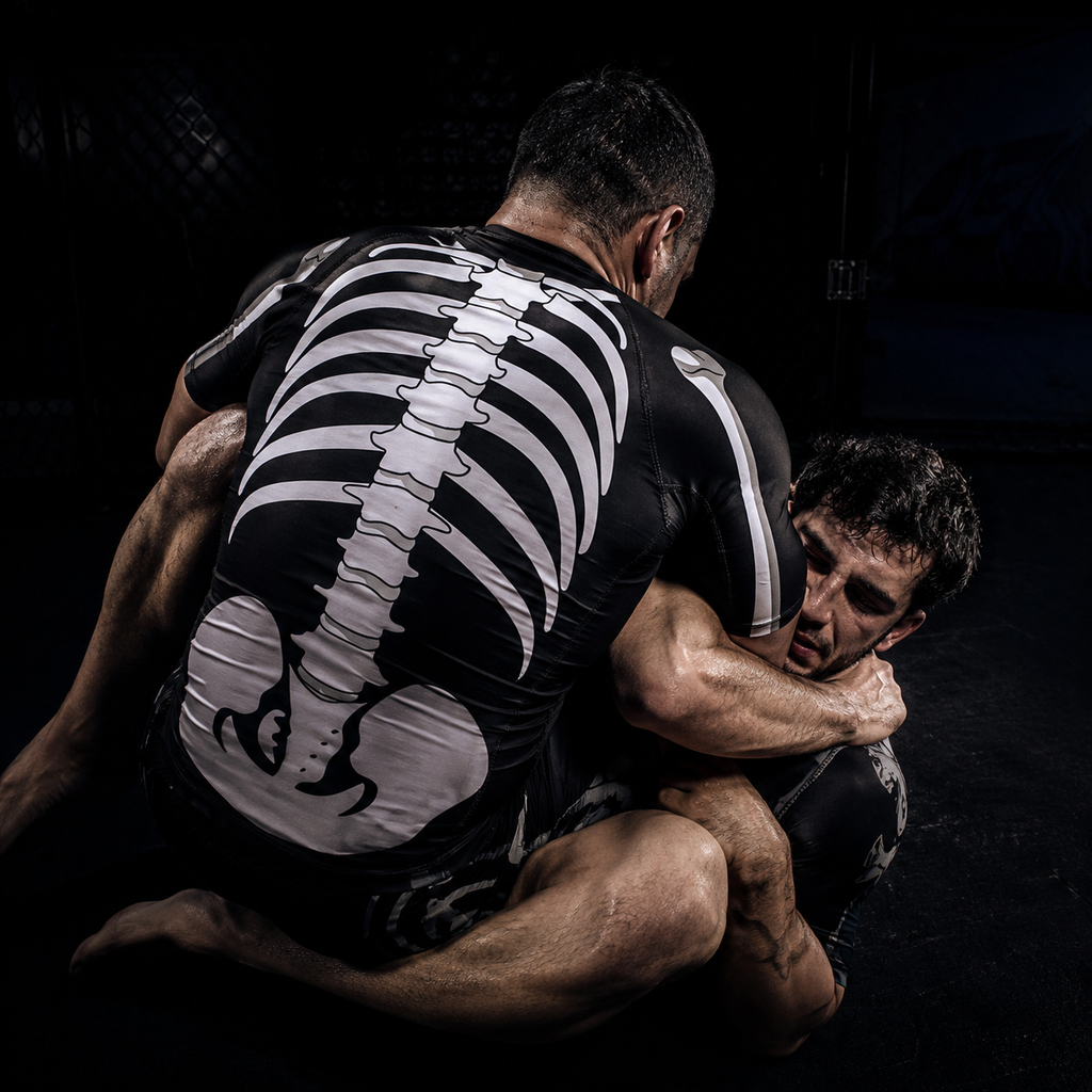 Skeleton Rashguard© Manga Curta | Camiseta Masculina de Compressão Slim Fit Sublimada | Jiu-Jitsu, No-Gi, Treino e Corrida | A Forja da Excelência | Preto