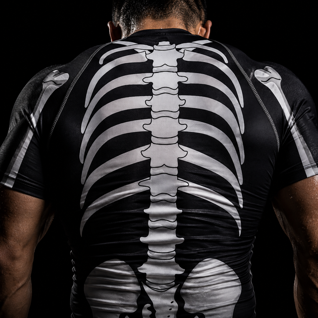 Skeleton Rashguard© Manga Curta | Camiseta Masculina de Compressão Slim Fit Sublimada | Jiu-Jitsu, No-Gi, Treino e Corrida | A Forja da Excelência | Preto