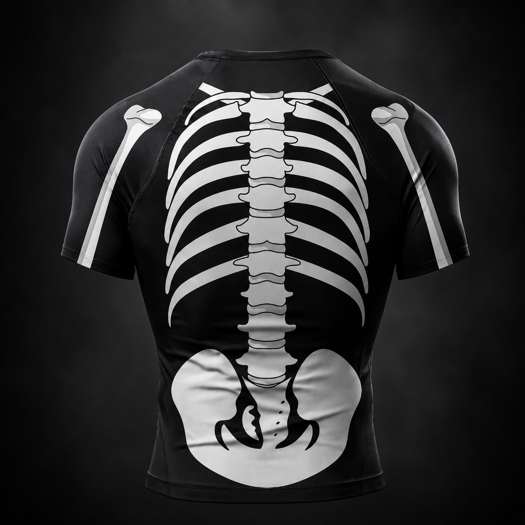 Skeleton Rashguard© Manga Curta | Camiseta Masculina de Compressão Slim Fit Sublimada | Jiu-Jitsu, No-Gi, Treino e Corrida | A Forja da Excelência | Preto