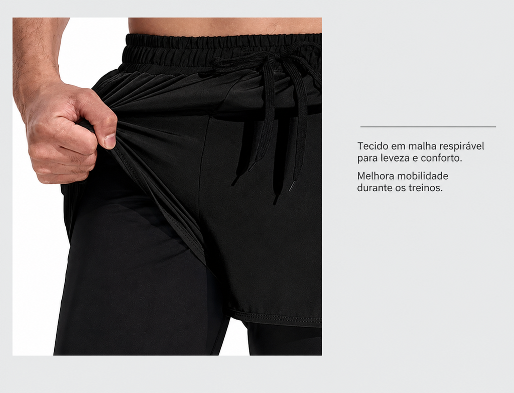 Forge Dual Pro© | Shorts Masculino 2 em 1 com Forro Interno de Compressão | A Forja da Excelência | Preto e Cinza