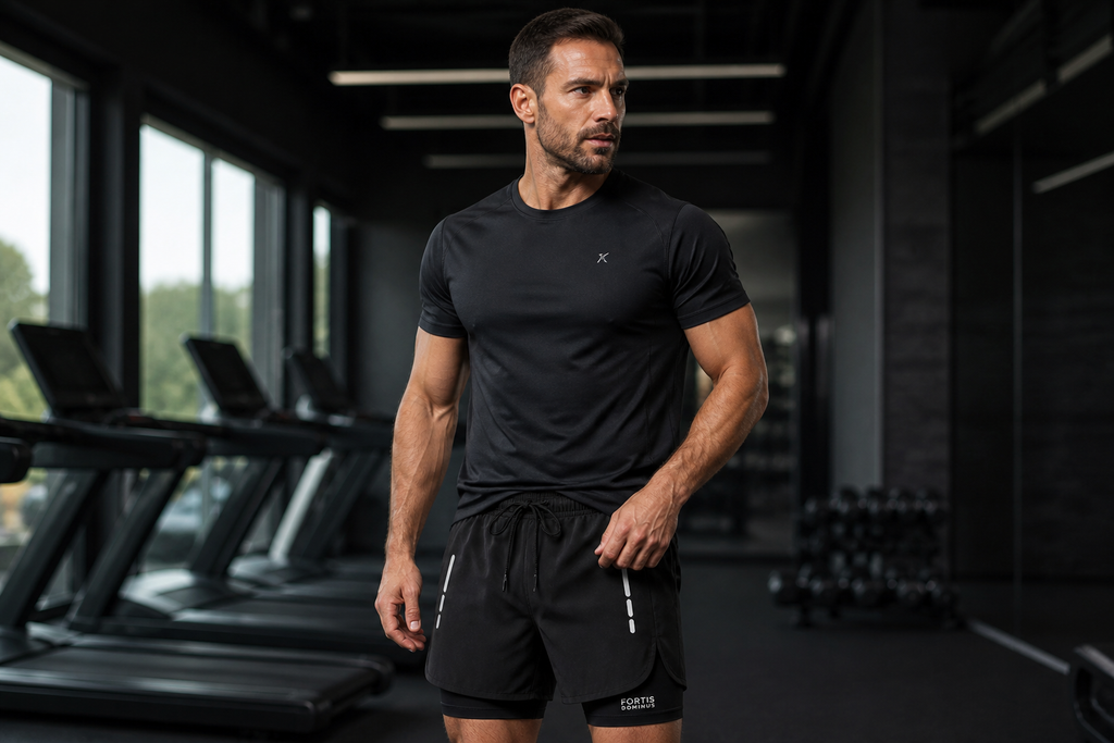 Forge Dual Pro© | Shorts Masculino 2 em 1 com Forro Interno de Compressão | A Forja da Excelência | Preto e Cinza