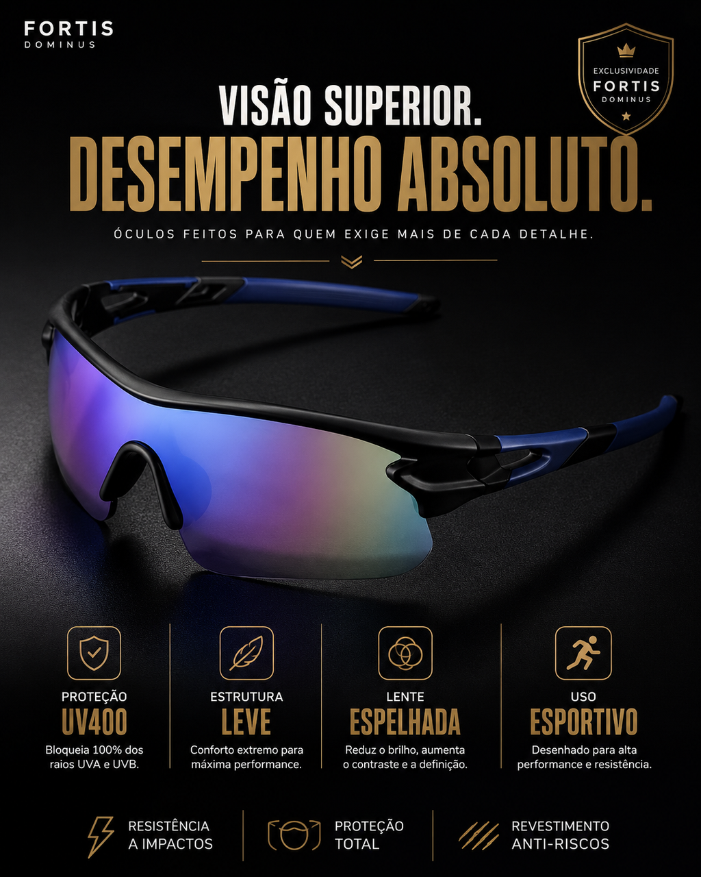 Óculos Apex Mirror - Fortis © - Lente Espelhada UV400 Proteção Total - Compre 2 Pague Menos + Brinde