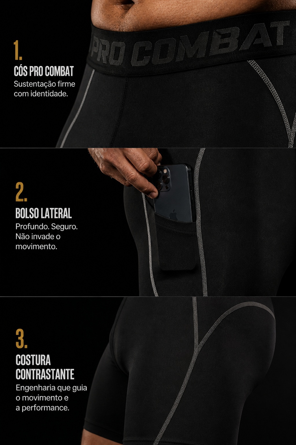 Forge Combat© | Shorts Masculino de Compressão com Bolso Lateral | A Forja da Excelência | Preto