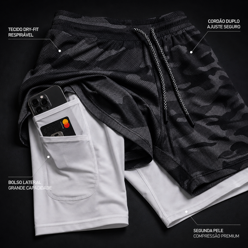 Forge Premium Tactical© | Shorts Masculino 2 em 1 Camuflado com Bolso para Celular | A Forja da Excelência | Preto