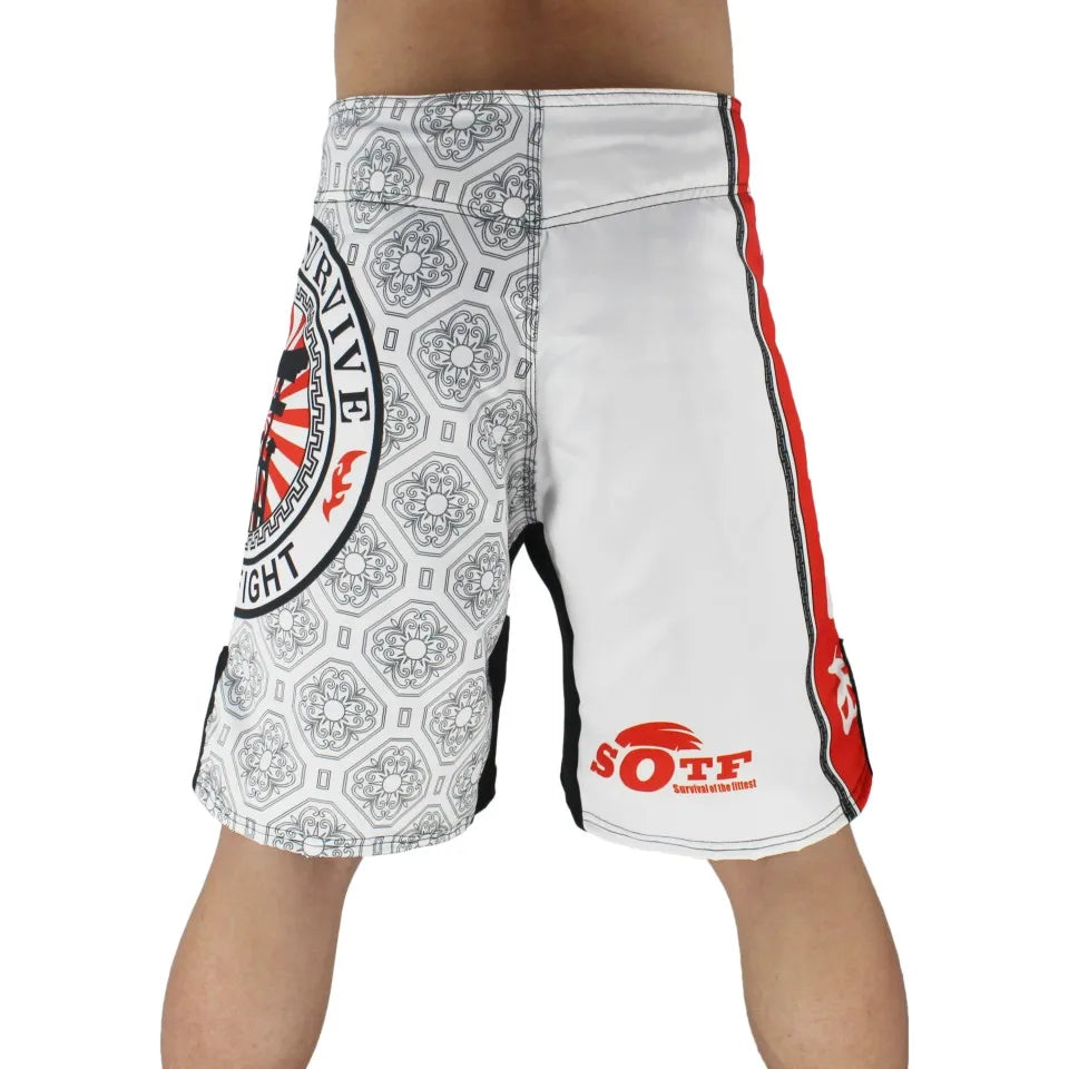 Forge Dominvs Fight© | Shorts Masculino de Combate Sublimado | MMA, Muay Thai, Kickboxing e Artes Marciais | A Forja da Excelência | Branco