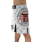 Forge Dominvs Fight© | Shorts Masculino de Combate Sublimado | MMA, Muay Thai, Kickboxing e Artes Marciais | A Forja da Excelência | Branco