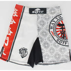 Forge Dominvs Fight© | Shorts Masculino de Combate Sublimado | MMA, Muay Thai, Kickboxing e Artes Marciais | A Forja da Excelência | Branco