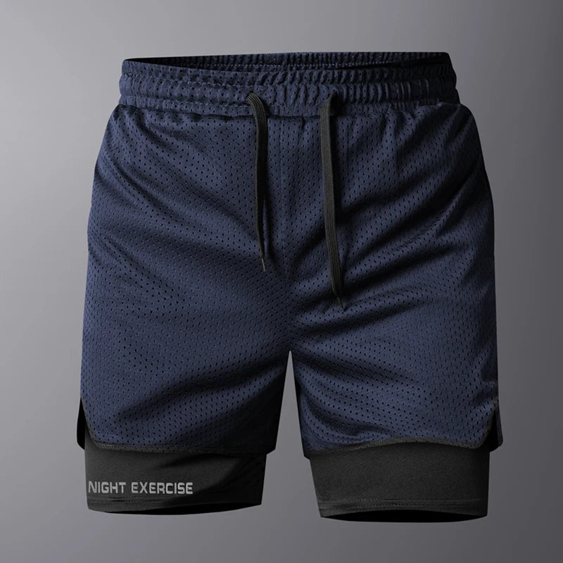 Airforce Dual Short© | Shorts Masculino 2 em 1 Leve Dry-Fit | Corrida, Treino e Musculação | A Forja da Excelência | Cinza, Azul-Marinho e Preto